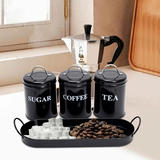工厂定制厨房金属食品储存罐3件套茶咖啡糖罐带托盘