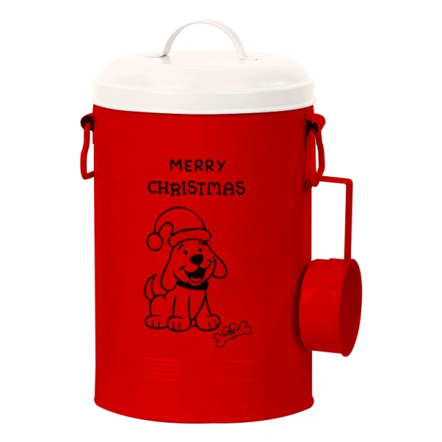 2023年新品圣诞礼品套装红绿密封可爱金属宠物食品容器，适用于猫狗