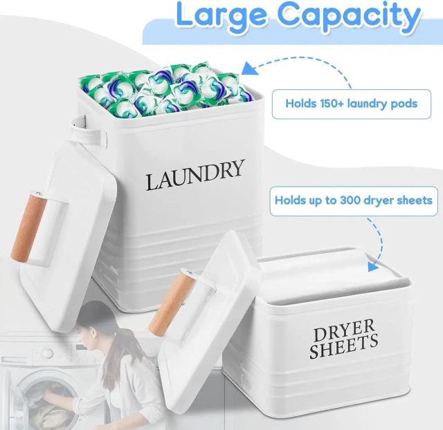 2Pcs Laundry Pod Container with Dryer Sheet Holder Farmhouse Laundry Room Decor Organization and Storage Detergent Container Box