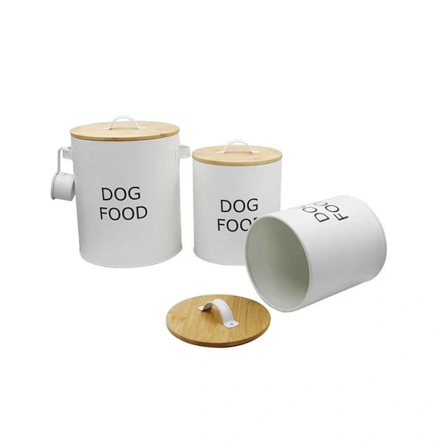 Factory Pet Storage Can Galvanized Iron Cat and Dog Food Storage Container with Bamboo Lid and Spoon Pet Food Storage Pail