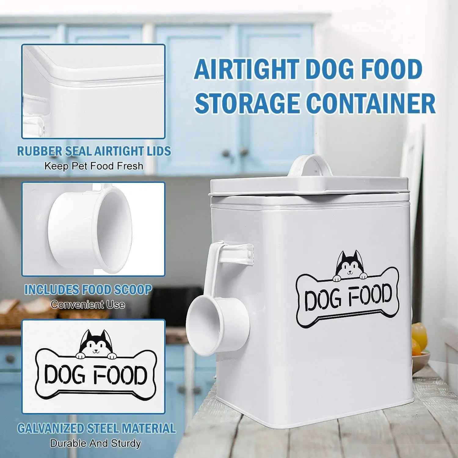 带勺子的宠物零食和食品储存容器 - 农舍狗粮容器带盖密封狗零食储存罐