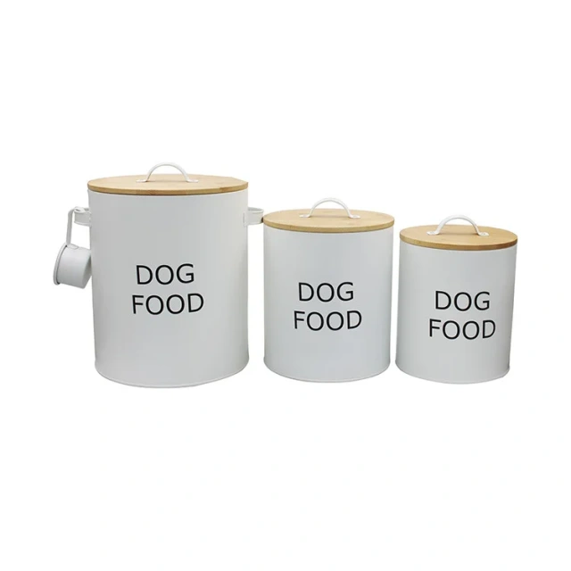 Factory Pet Storage Can Galvanized Iron Cat and Dog Food Storage Container with Bamboo Lid and Spoon Pet Food Storage Pail
