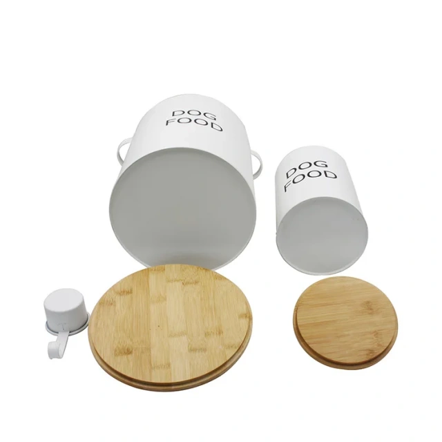 Factory Pet Storage Can Galvanized Iron Cat and Dog Food Storage Container with Bamboo Lid and Spoon Pet Food Storage Pail