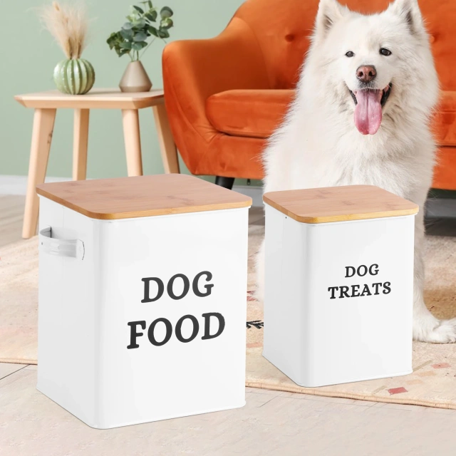 Factory  Airtight Pet  Food Metal Storage Sets  Dog Food and Dog Treat Storage Container Sets With Wooden Lid