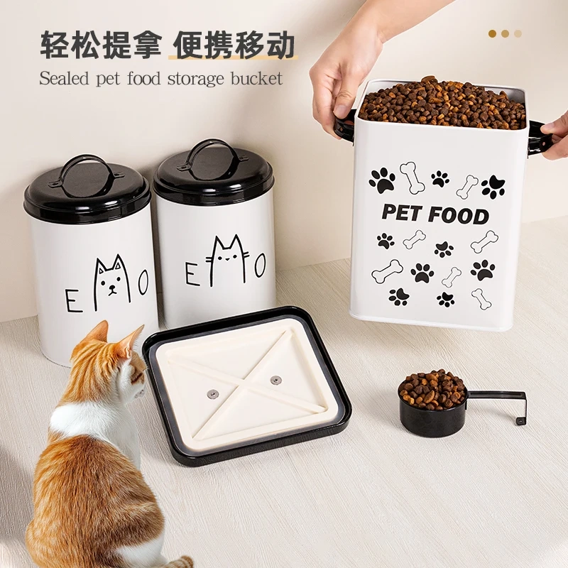 金属方形罐，带盖密封，黑白爪子宠物食品储存桶，带勺子