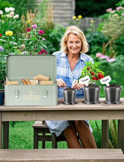 Metal Seed Saving Box with Lid and Safety Locks, Seed Bin Seed Storage Container Organizer