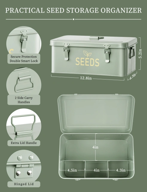 Metal Seed Saving Box with Lid and Safety Locks, Seed Bin Seed Storage Container Organizer