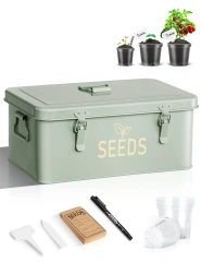 Metal Seed Saving Box with Lid and Safety Locks, Seed Bin Seed Storage Container Organizer