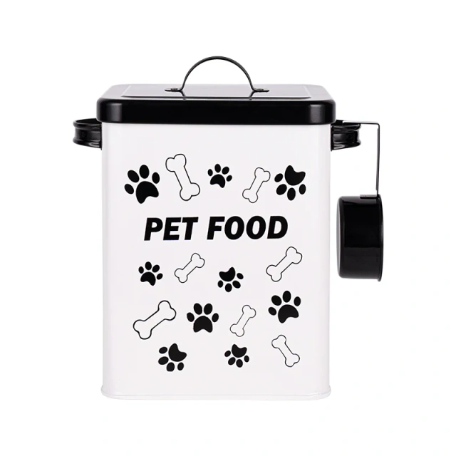 金属方形罐，带盖密封，黑白爪子宠物食品储存桶，带勺子