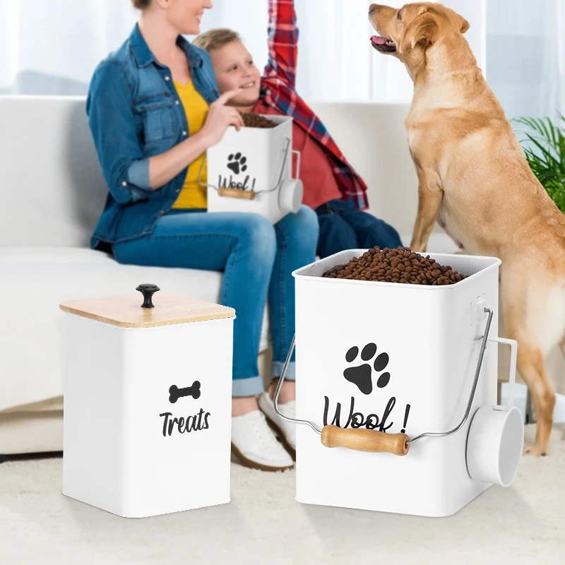 New Arrival  Metal Set of Two Pet Food Storage Container Set with Wooden Lid