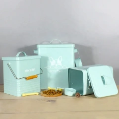 Custom Large Capacity Moisture-proof Sealed Metal Pet Food Storage Box with Scoop Dog Storage Bucket With Lid