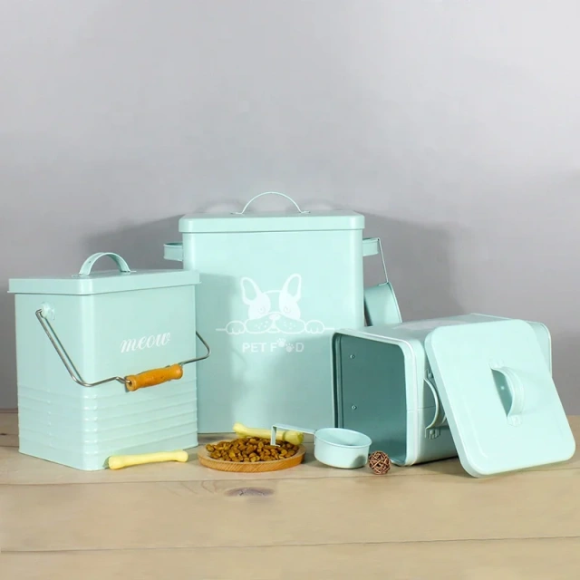 Custom Large Capacity Moisture-proof Sealed Metal Pet Food Storage Box with Scoop Dog Storage Bucket With Lid
