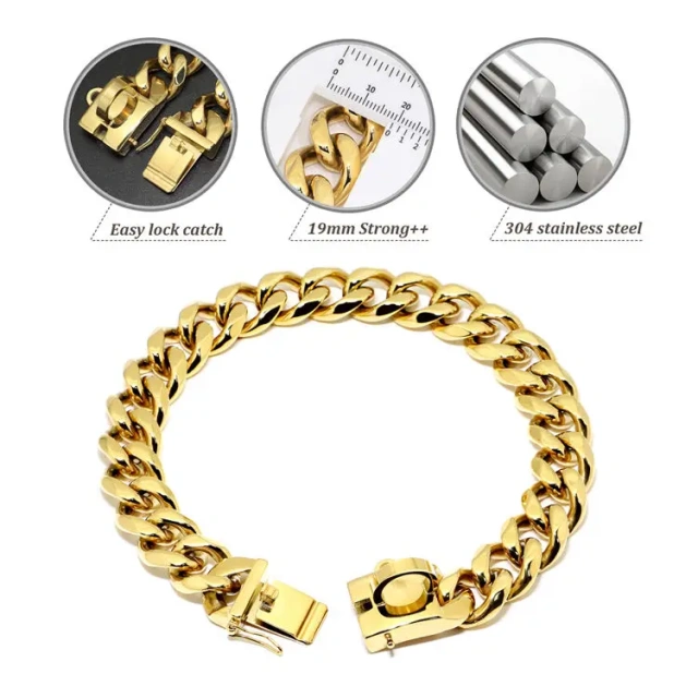 Gold Chain Pet Dog Collar Hardware Heavy Duty Stainless Steel Pet Cuban Link Dog Collar Chain Dog Collar and Leash