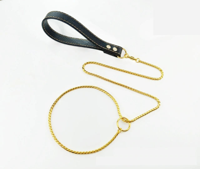 Snake Dog  Collar and Leather Chain Stainless Steel Dog Leash with Leather Handle