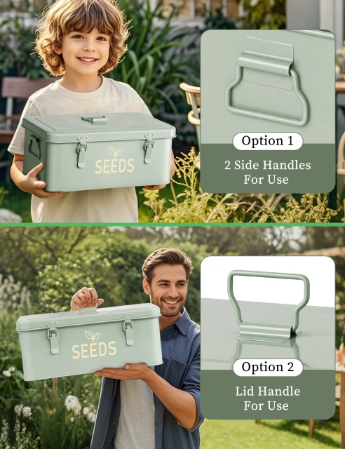 Metal Seed Saving Box with Lid and Safety Locks, Seed Bin Seed Storage Container Organizer