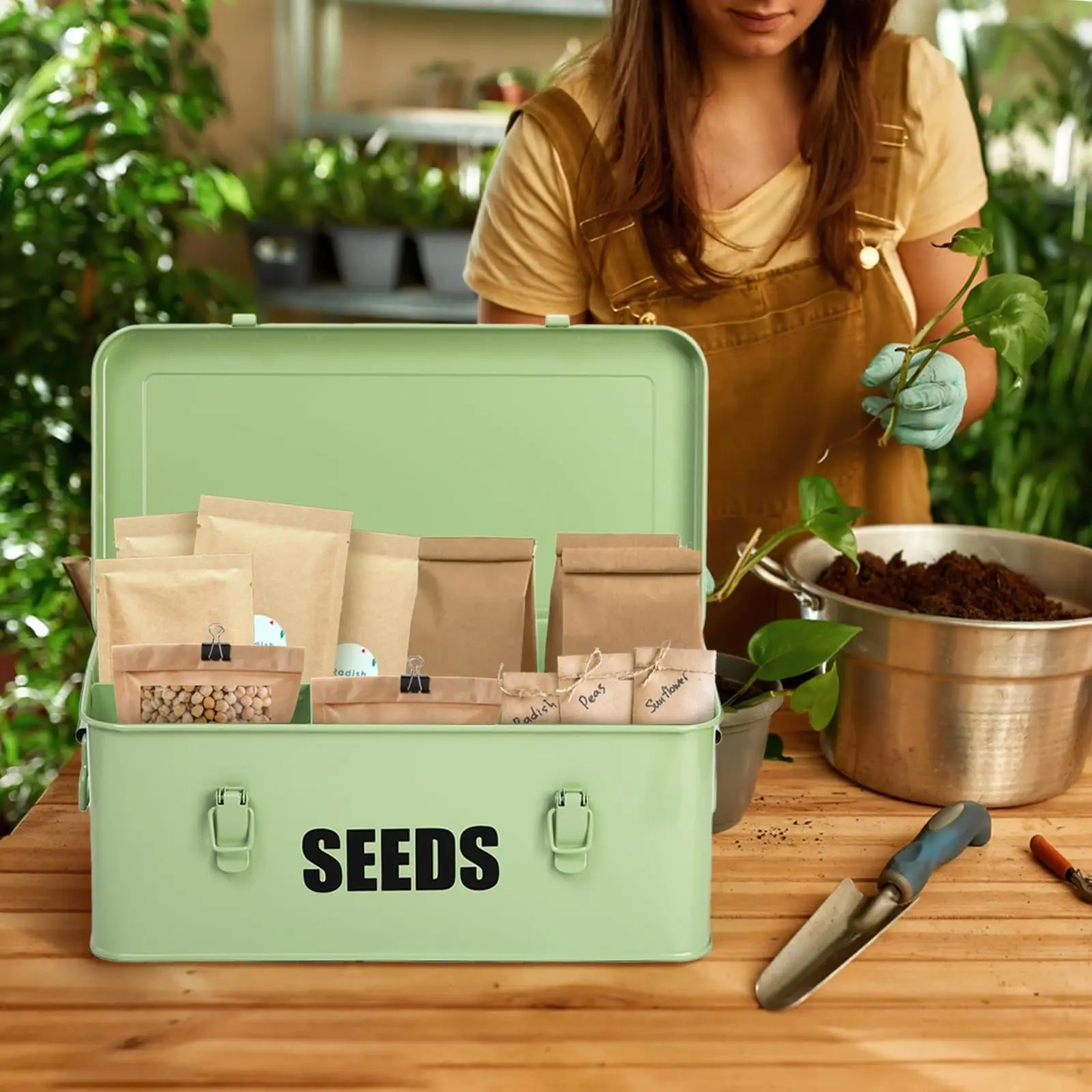 工厂定制环保金属种子储存盒花园蔬菜包装整理器种子盒带手柄