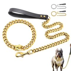 Gold Chain Pet Dog Collar Hardware Heavy Duty Stainless Steel Pet Cuban Link Dog Collar Chain Dog Collar and Leash