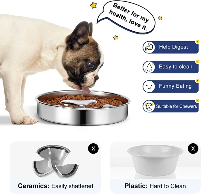 Factory Wholesale Slow Feeder Pet Dog Bowls 304 Stainless Steel Metal 2 Cups for Dogs Package Custom Accepted Pet Feeding Food