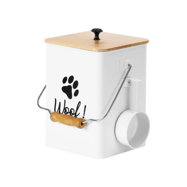 New Arrival  Metal Set of Two Pet Food Storage Container Set with Wooden Lid