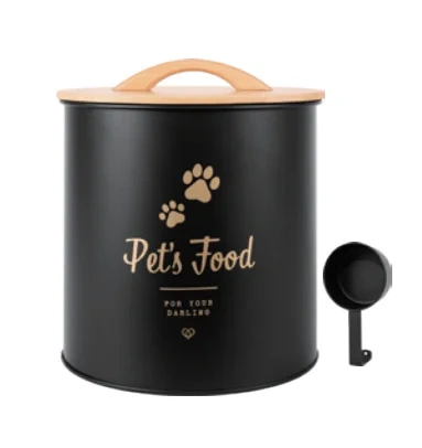 Factory Direct Sale 3L/6L Capacity Waterproof Large Metal Round Pet Food Container with Wooden Lid