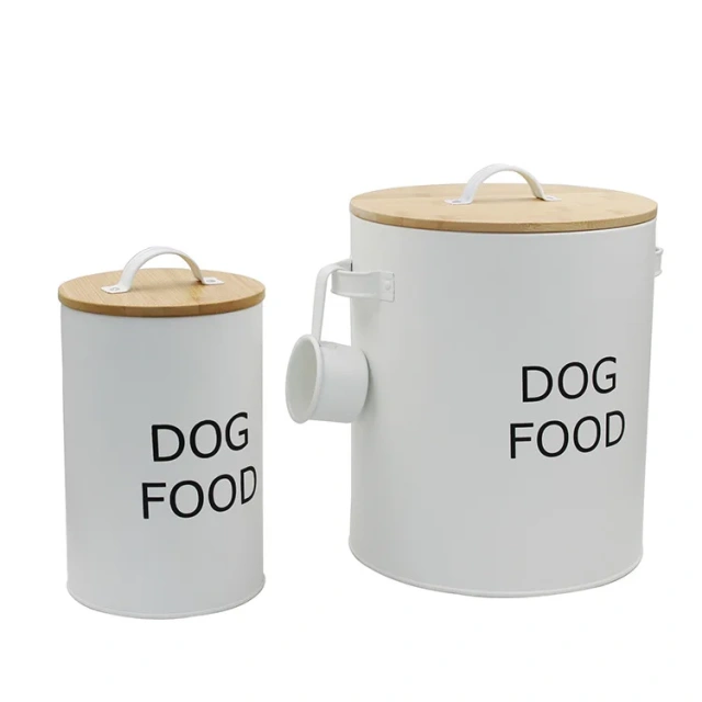 Factory Pet Storage Can Galvanized Iron Cat and Dog Food Storage Container with Bamboo Lid and Spoon Pet Food Storage Pail
