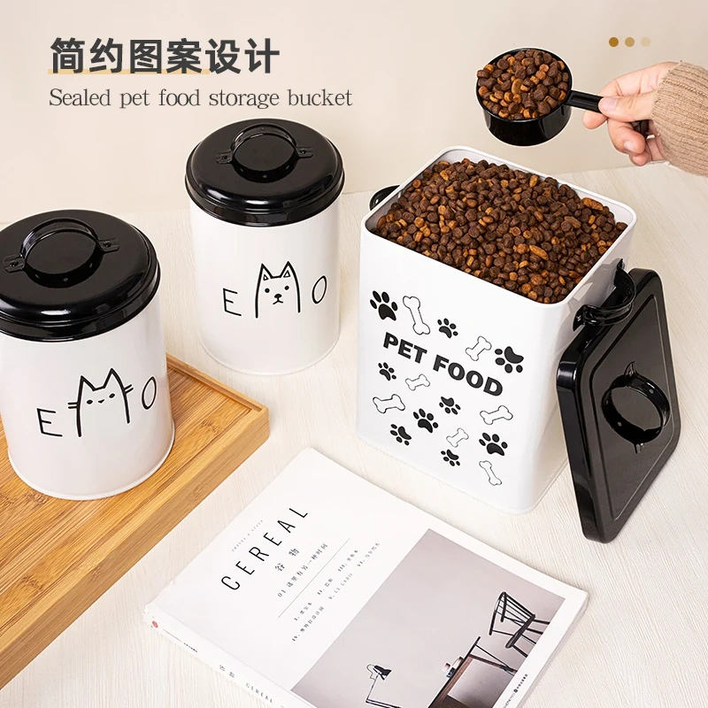 金属方形罐，带盖密封，黑白爪子宠物食品储存桶，带勺子