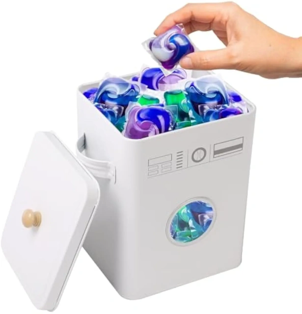 Metal Laundry Pod Container with Lift-Up Lid Wooden Handle for Laundry Room Organization, Dishwasher Pods Container