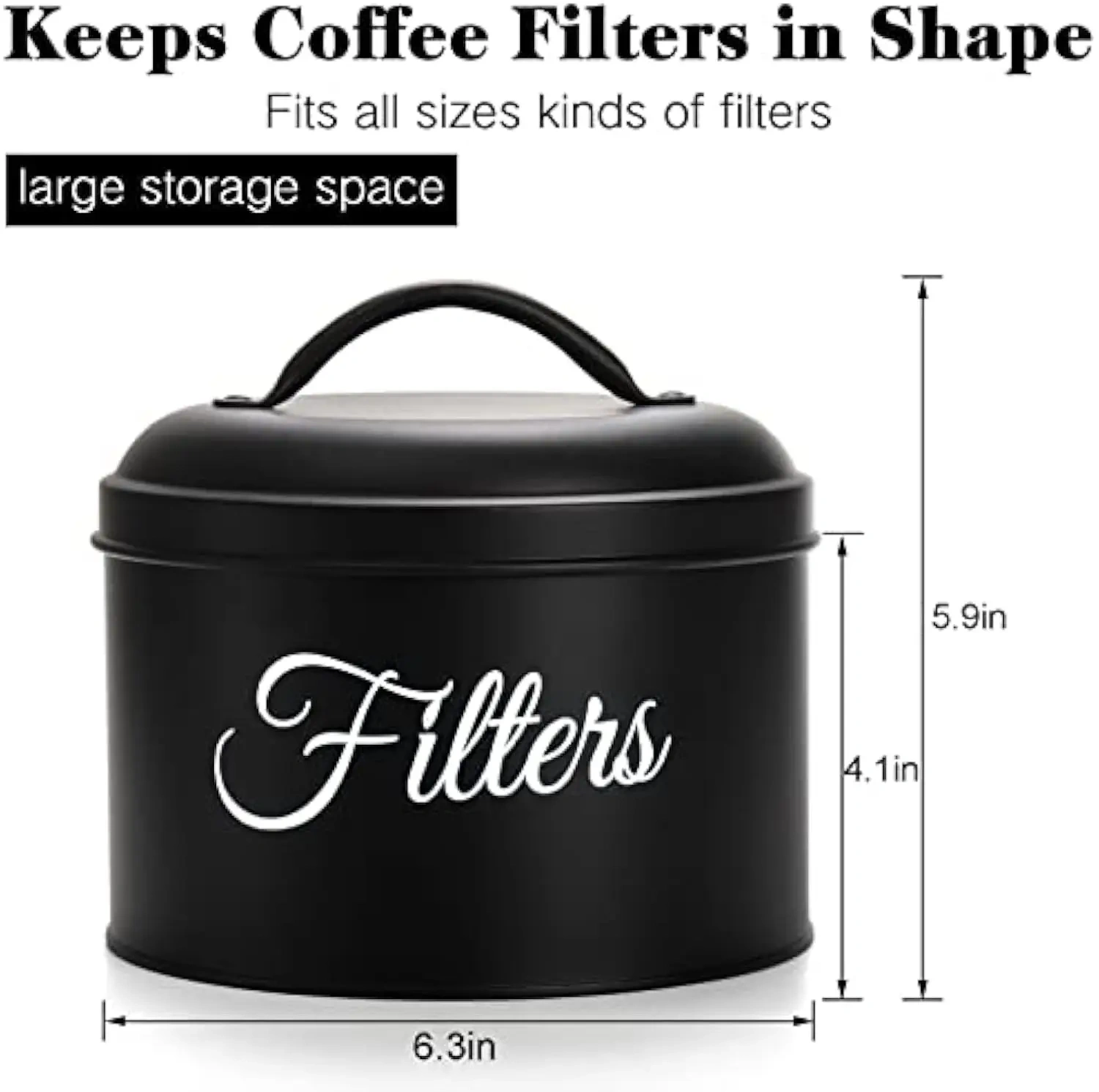 Black Coffee Filter Holder Storage Container with Lid Rustic Round Metal Coffee Filter Dispenser