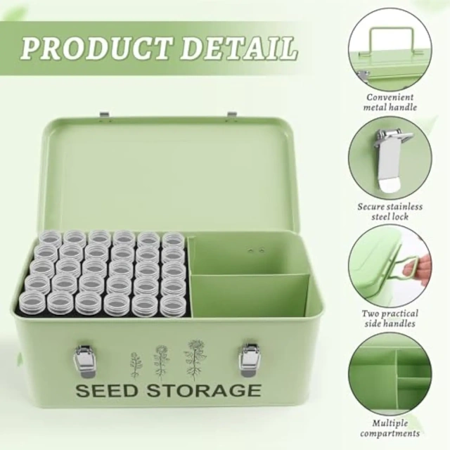 60 Slots Seed Storage Organizer, Metal Seed Saving Box with Lid and Safety Locks, Seed Bin Seed Storage Container
