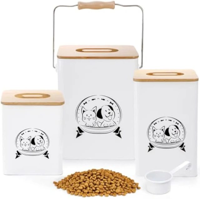 狗粮储存容器三件套金属宠物零食容器套装，带竹子和勺子，狗和猫饼干罐，适用于狗