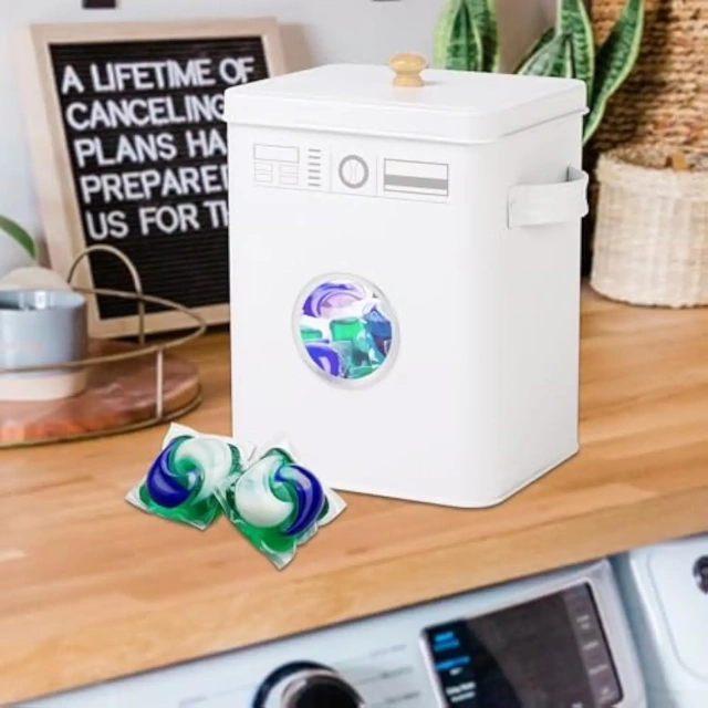Metal Laundry Pod Container with Lift-Up Lid Wooden Handle for Laundry Room Organization, Dishwasher Pods Container