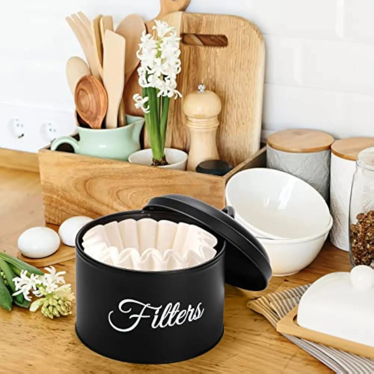 Black Coffee Filter Holder Storage Container with Lid Rustic Round Metal Coffee Filter Dispenser