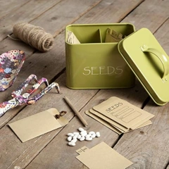 Seed Storage Box Organizer in Green. Compact Seed Packet Container with Lid