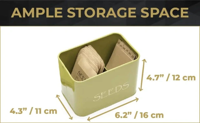 Seed Storage Box Organizer in Green. Compact Seed Packet Container with Lid