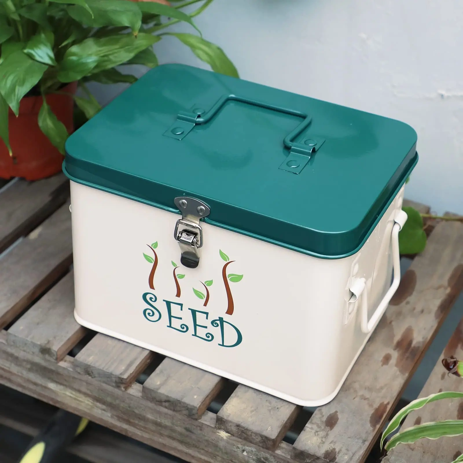 Factory Custom Galvanized Iron Metal Seed Storage Box With Side Handles and Latches