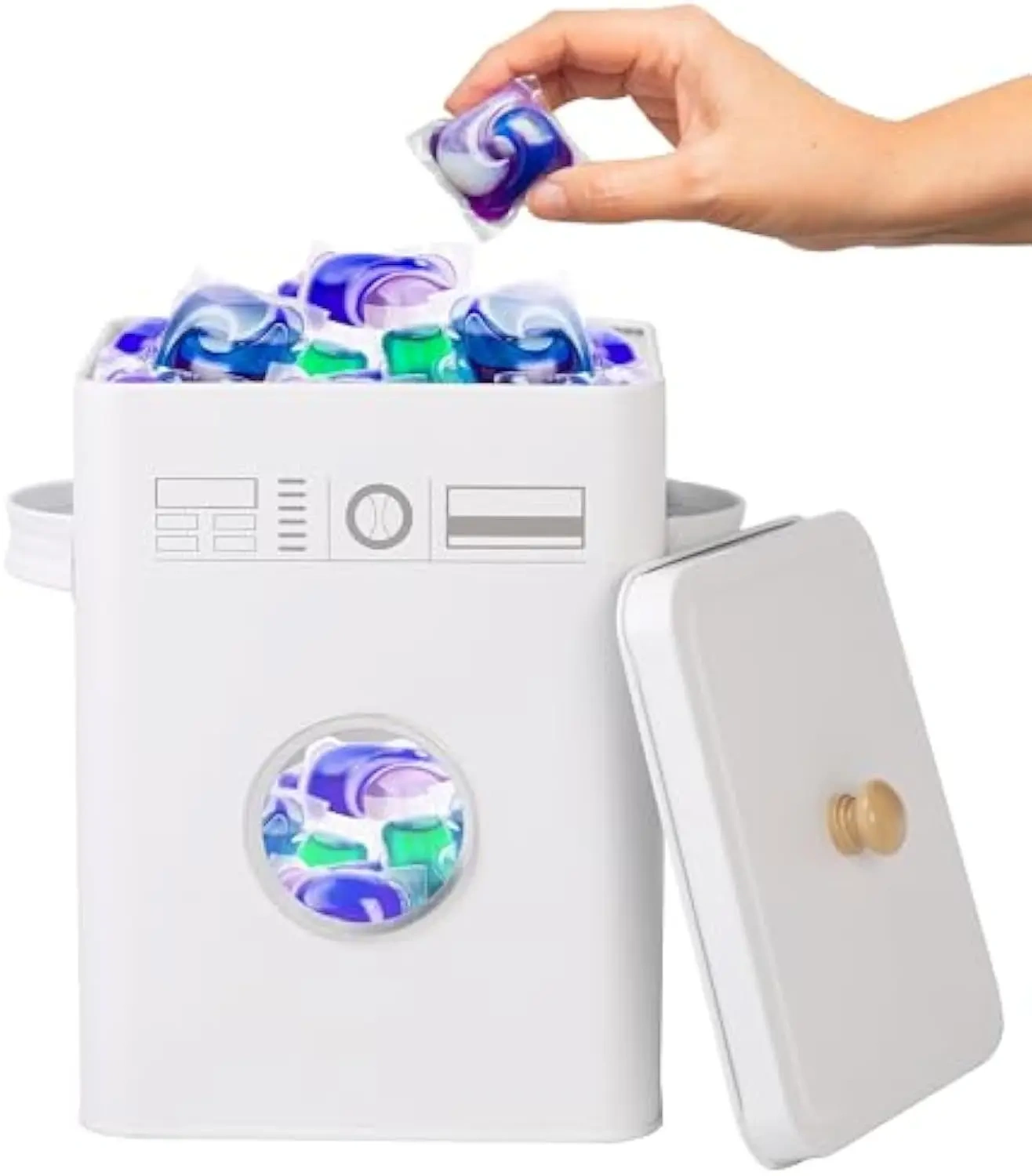 金属洗衣凝珠容器，带可掀盖木柄，适用于洗衣房整理、洗碗机凝珠容器
