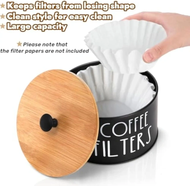 Rustic Coffee Filter Storage Container with Bamboo Lid Metal Coffee Filter Dispenser Pod Organizer Basket Coffee Filter Holder