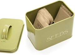 Seed Storage Box Organizer in Green. Compact Seed Packet Container with Lid