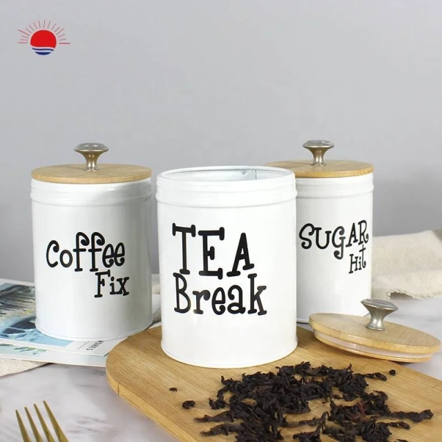 Top Sale Set of 3 Round Tea Coffee Sugar Kitchen Household Bamboo Lid Storage Container