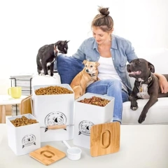 狗粮储存容器三件套金属宠物零食容器套装，带竹子和勺子，狗和猫饼干罐，适用于狗