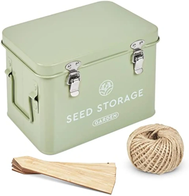 Metal Seed Packet Organizer with Garden String and Bamboo Plant Labels Seed Container Seed Storage Box