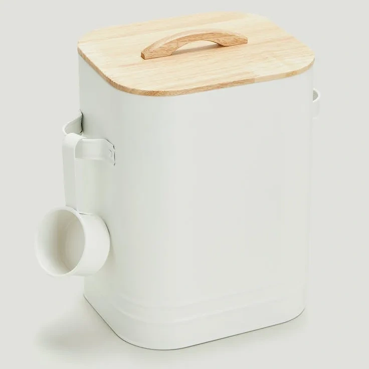 工厂定制金属密封储物盒宠物食品零食容器，带密封木盖，用于储存狗粮和猫粮