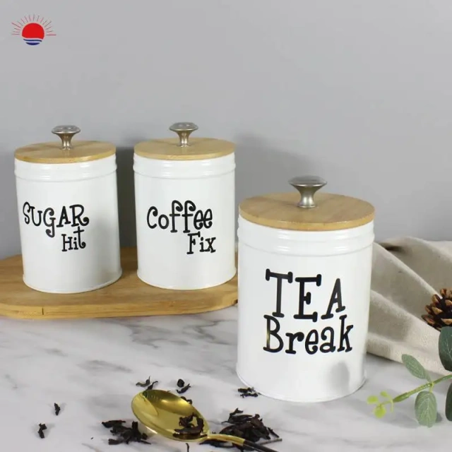 Top Sale Set of 3 Round Tea Coffee Sugar Kitchen Household Bamboo Lid Storage Container