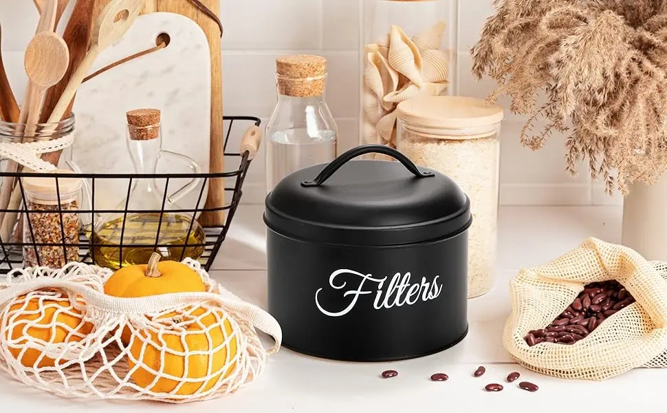 Black Coffee Filter Holder Storage Container with Lid Rustic Round Metal Coffee Filter Dispenser