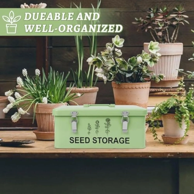 60 Slots Seed Storage Organizer, Metal Seed Saving Box with Lid and Safety Locks, Seed Bin Seed Storage Container
