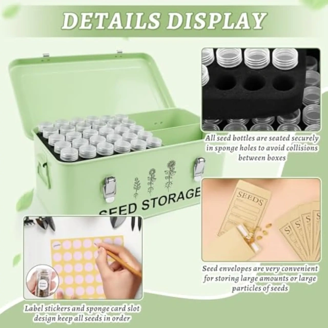 60 Slots Seed Storage Organizer, Metal Seed Saving Box with Lid and Safety Locks, Seed Bin Seed Storage Container