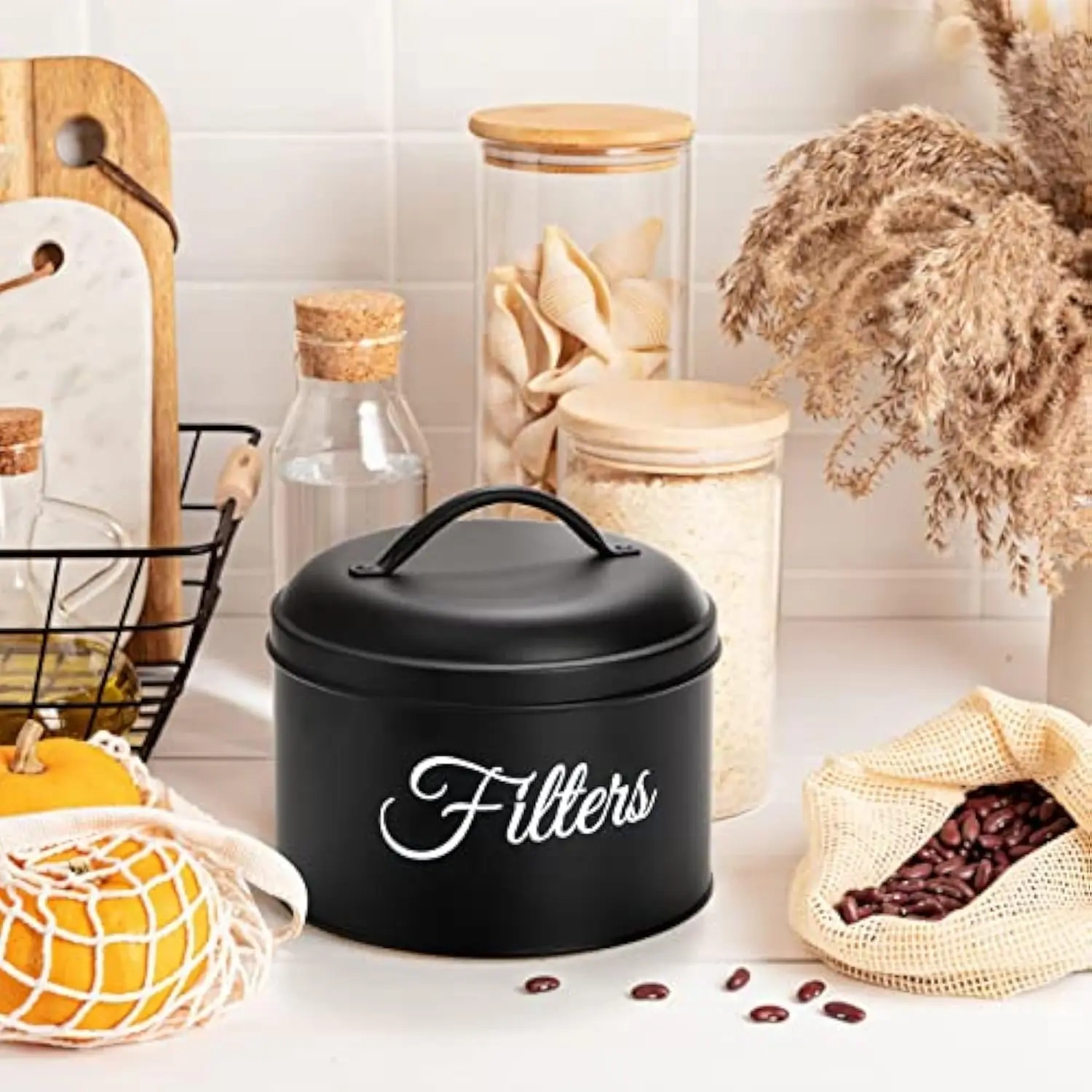Black Coffee Filter Holder Storage Container with Lid Rustic Round Metal Coffee Filter Dispenser