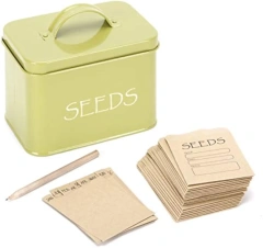 Seed Storage Box Organizer in Green. Compact Seed Packet Container with Lid