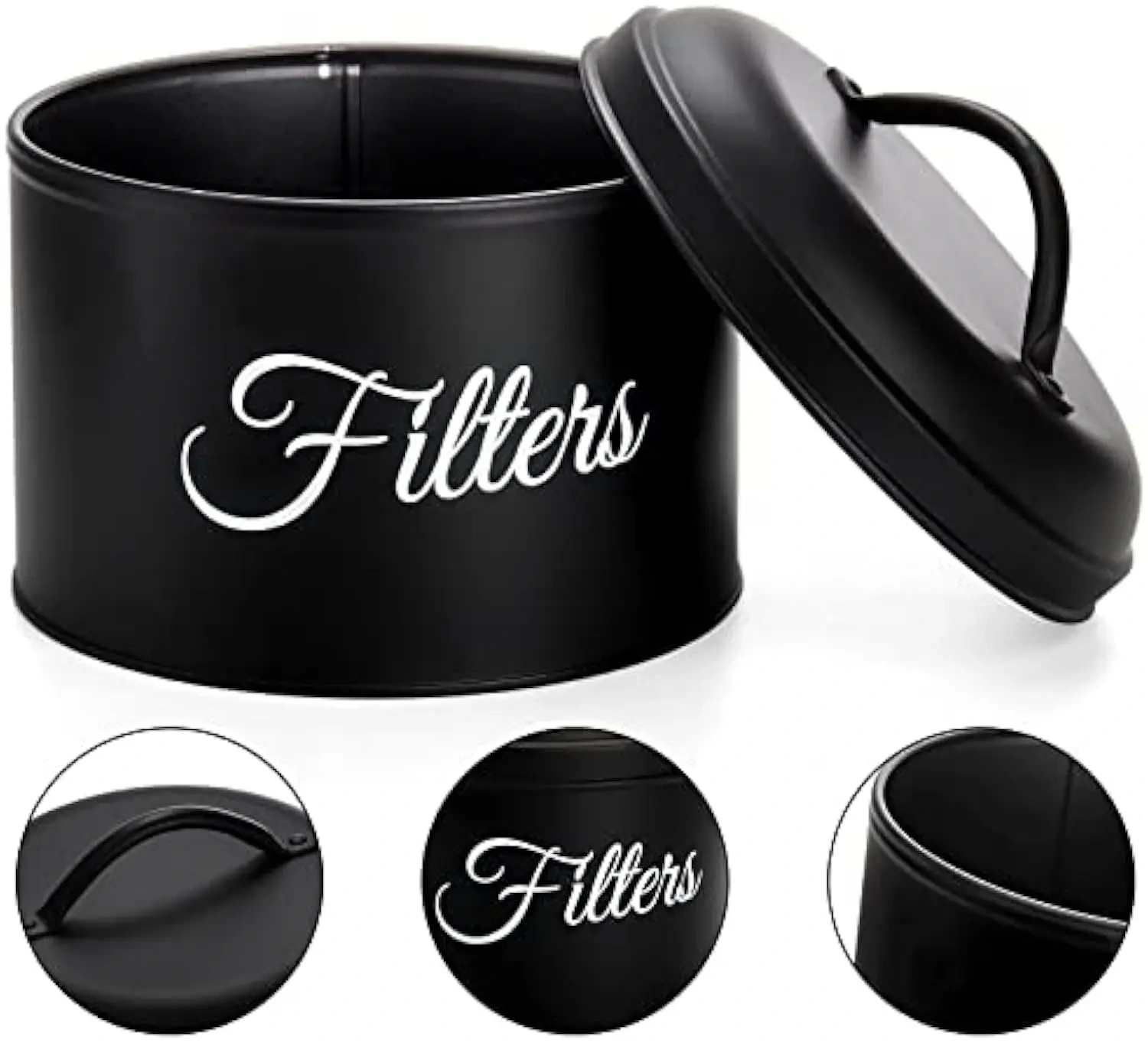 Black Coffee Filter Holder Storage Container with Lid Rustic Round Metal Coffee Filter Dispenser