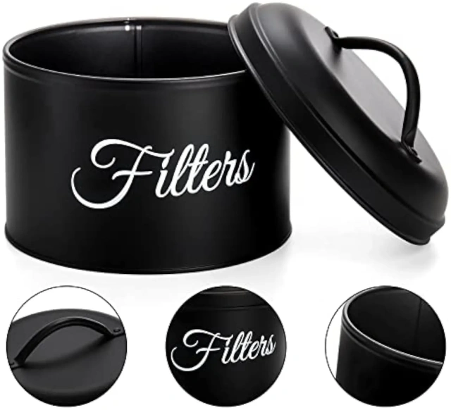 黑色搪瓷篮咖啡过滤器架储物容器带盖质朴圆形金属咖啡过滤器分配器